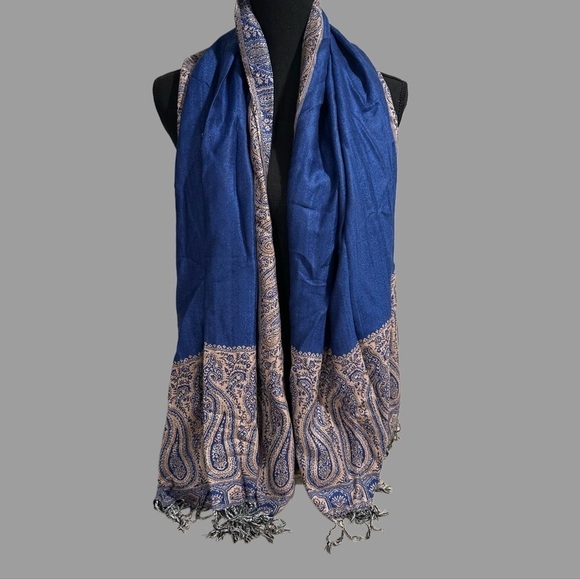 Elegant Shawl in Framed Navy Blue - Versatile Wrap, Poncho, or Cape Soft Rayon - Picture 5 of 16